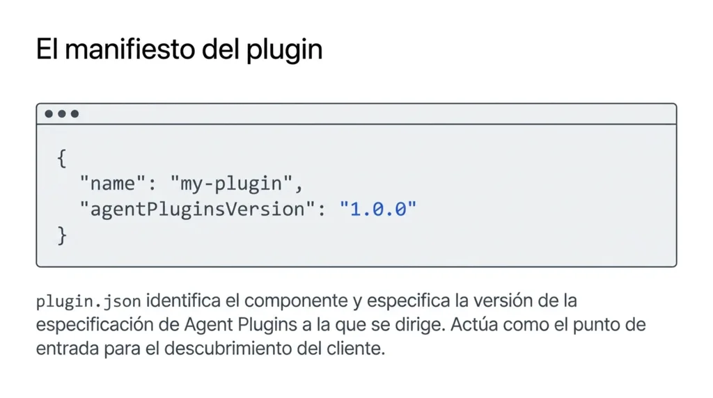 Manifiesto mínimo de un plugin: un JSON con name y agentPluginsVersion como punto de entrada para el descubrimiento del cliente