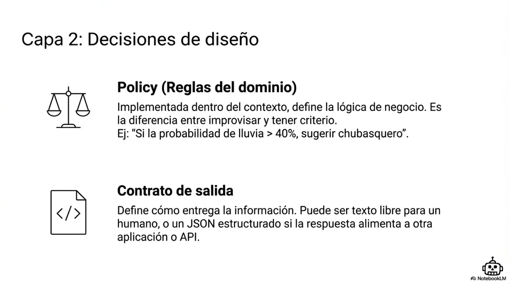 Capa 2: decisiones de diseño — policy y contrato de salida