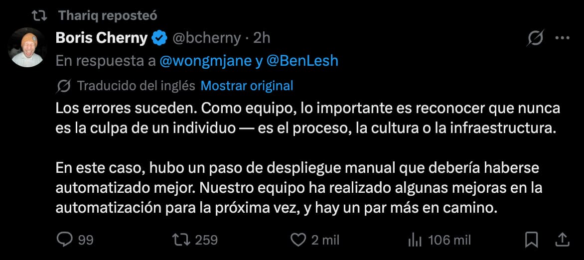 Captura del tweet de Boris Cherny reconociendo el error de despliegue en Claude Code
