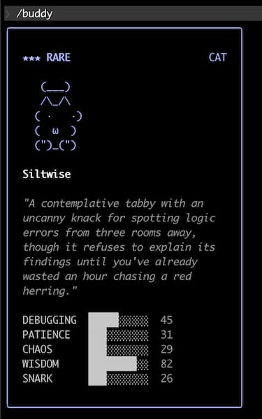 Captura de la mascota Buddy de Claude Code: un gato raro llamado Siltwise con estadísticas de Debugging, Patience, Chaos, Wisdom y Snark