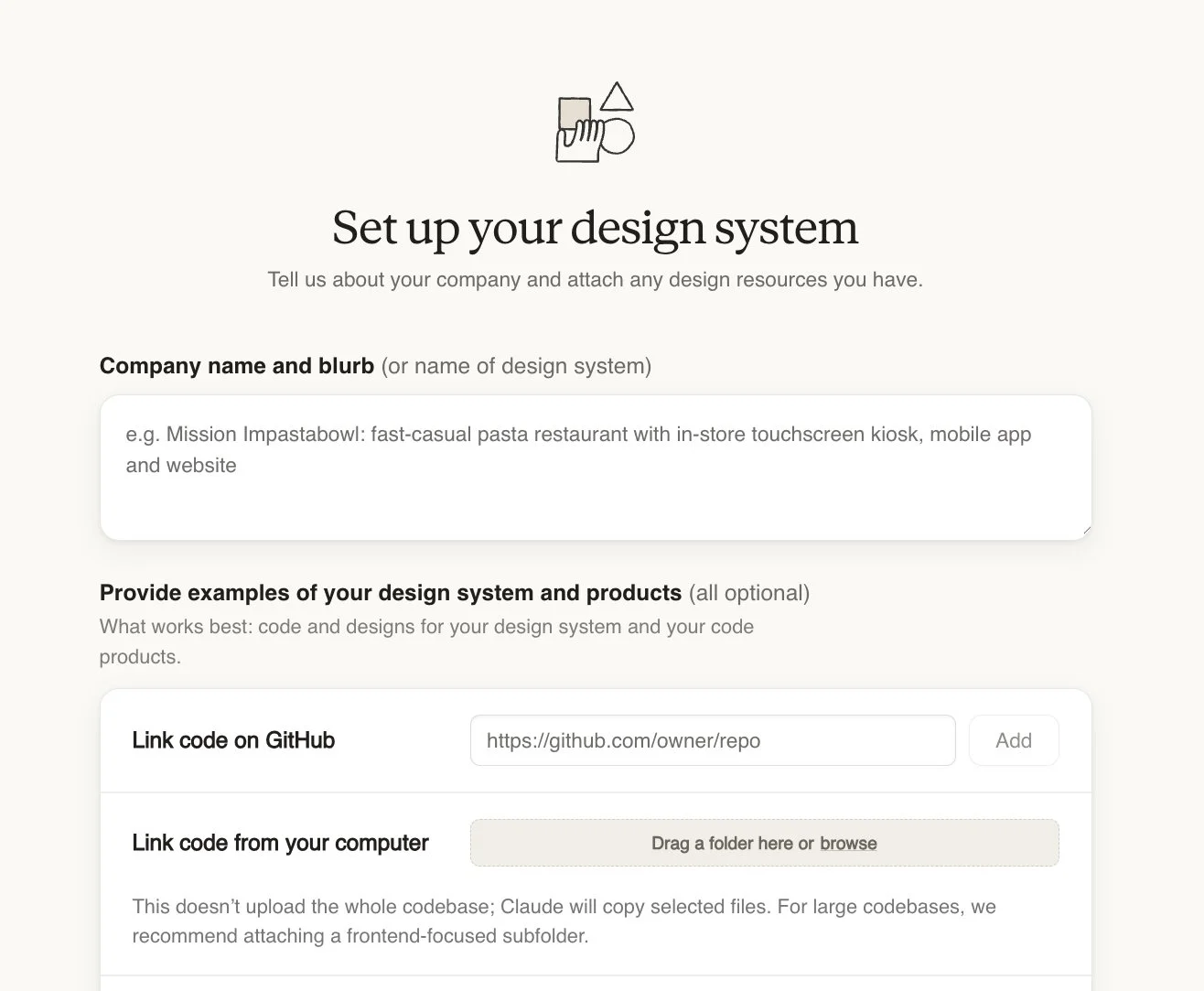 Formulario de configuración del sistema de diseño en Claude Design con campos para el nombre de la empresa y opciones para enlazar código de GitHub o subir desde el ordenador