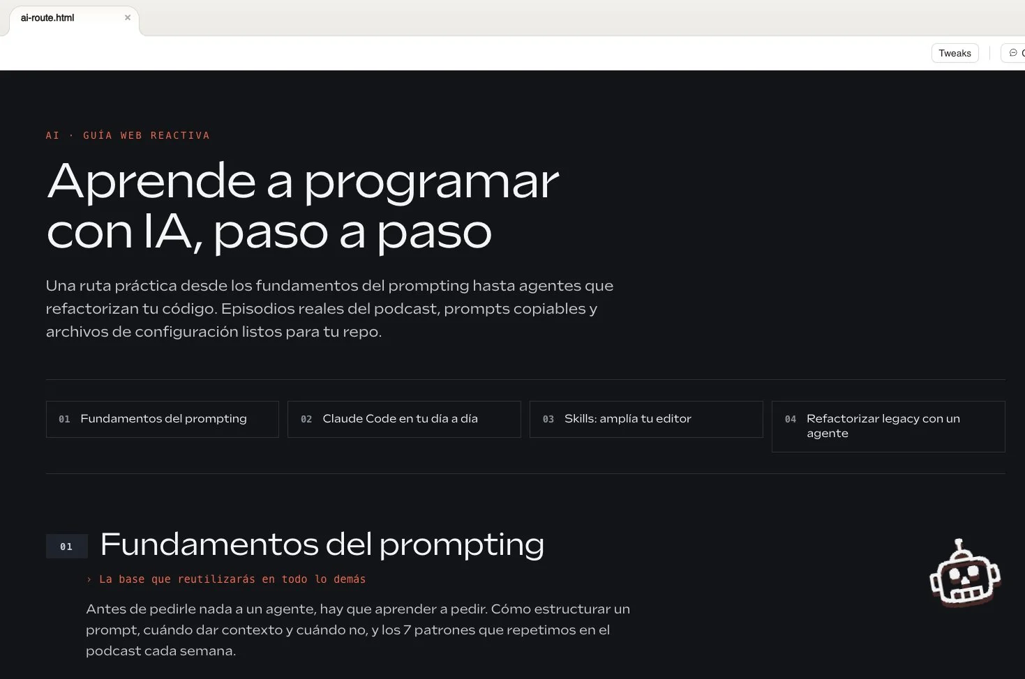 Captura de la página ai-route.html generada por Claude Design mostrando el título "Aprende a programar con IA, paso a paso" con subtítulo sobre una ruta práctica, cuatro tarjetas de fundamentos del prompting, Claude Code, Skills y refactorizar legacy, y la primera sección de Fundamentos del prompting con el robot-mascota de Web Reactiva