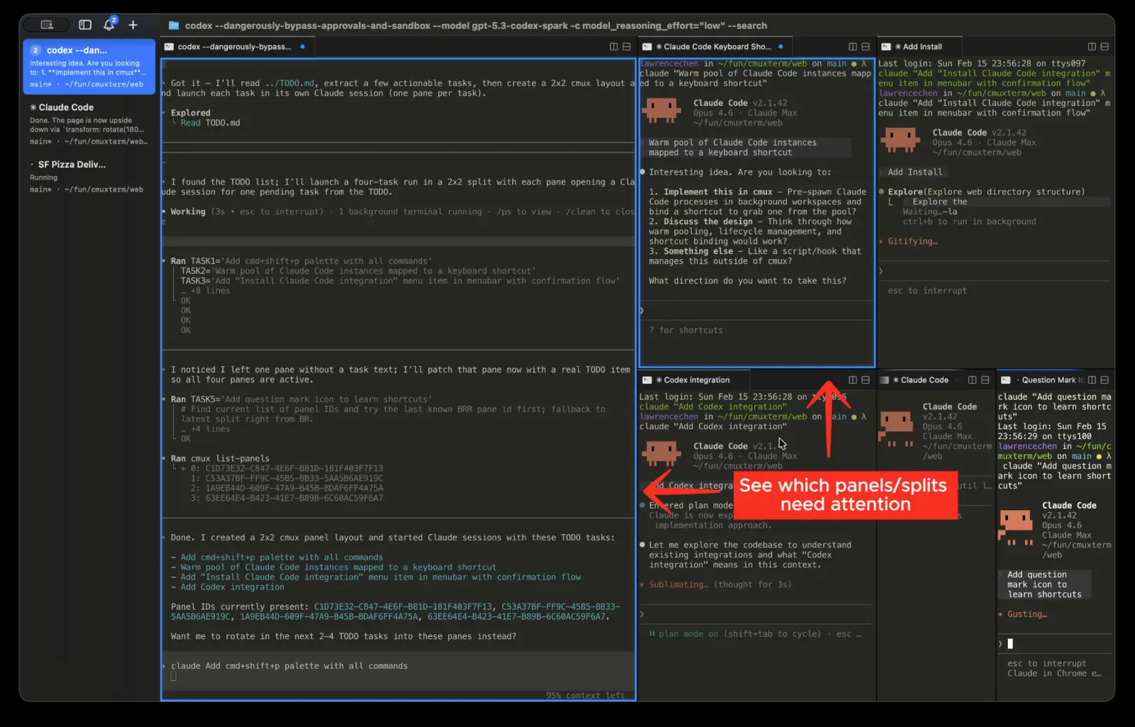 cmux en macOS con una cuadrícula de paneles de Claude Code y Codex; los paneles que necesitan atención tienen un borde azul y una anotación roja dice See which panels/splits need attention