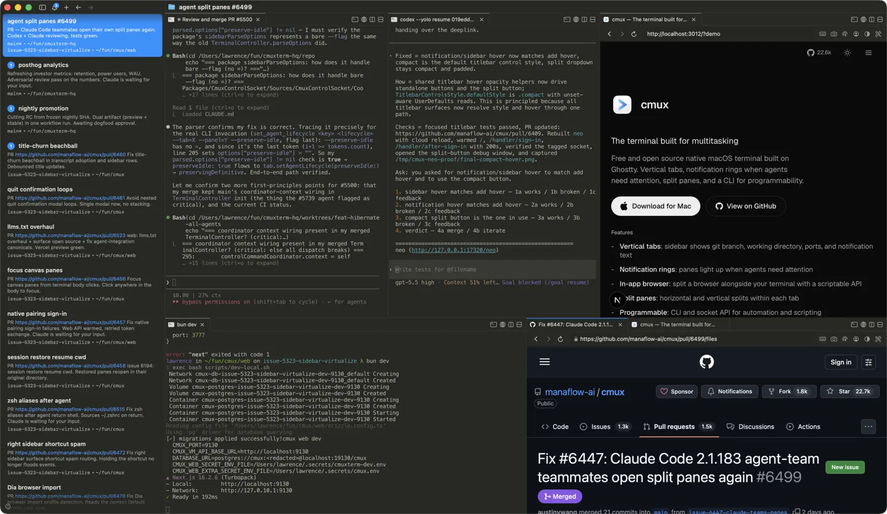 Ventana de cmux en macOS con la barra lateral de workspaces a la izquierda, cada uno con su rama, PR y último mensaje del agente, y varios paneles con Claude Code, Codex, un servidor de desarrollo y dos navegadores