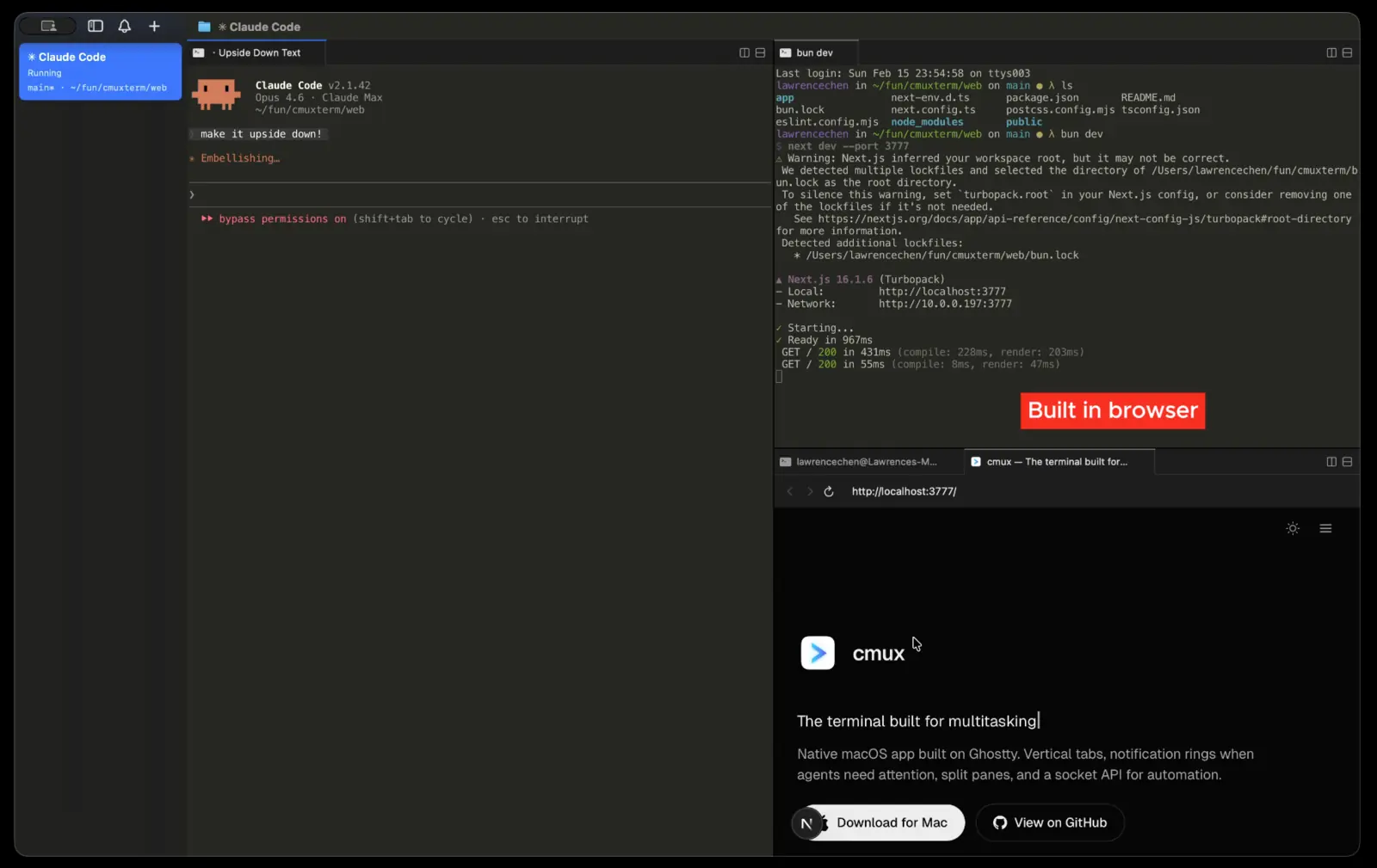 cmux en macOS con Claude Code a la izquierda, un servidor de Next.js en localhost 3777 arriba a la derecha y abajo un navegador integrado mostrando esa misma web, con la etiqueta Built in browser