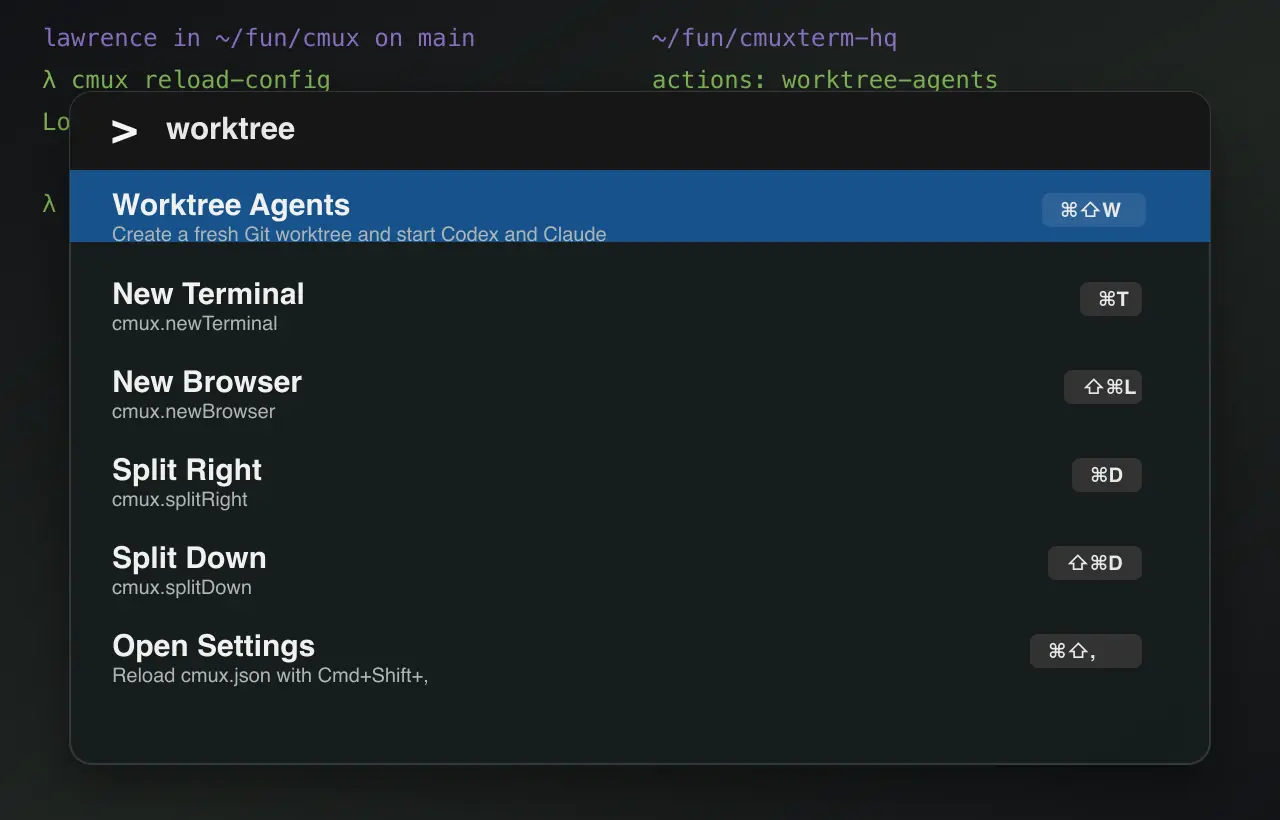 Paleta de comandos de cmux buscando worktree, con la acción personalizada Worktree Agents que crea un worktree de Git y arranca Codex y Claude, seguida de New Terminal, New Browser, Split Right, Split Down y Open Settings con sus atajos
