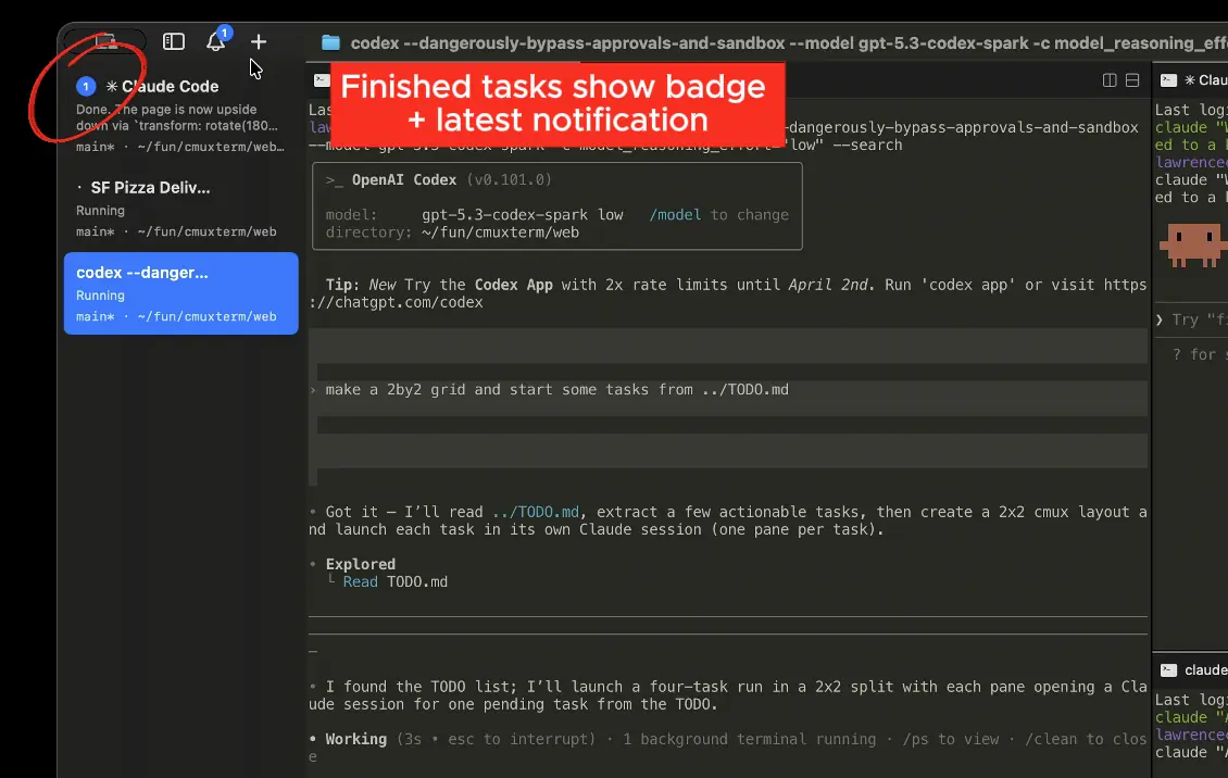Barra lateral de cmux con el workspace Claude Code marcado con un badge azul con el número 1 y el texto Done, The page is now upside down, sobre otros workspaces en estado Running