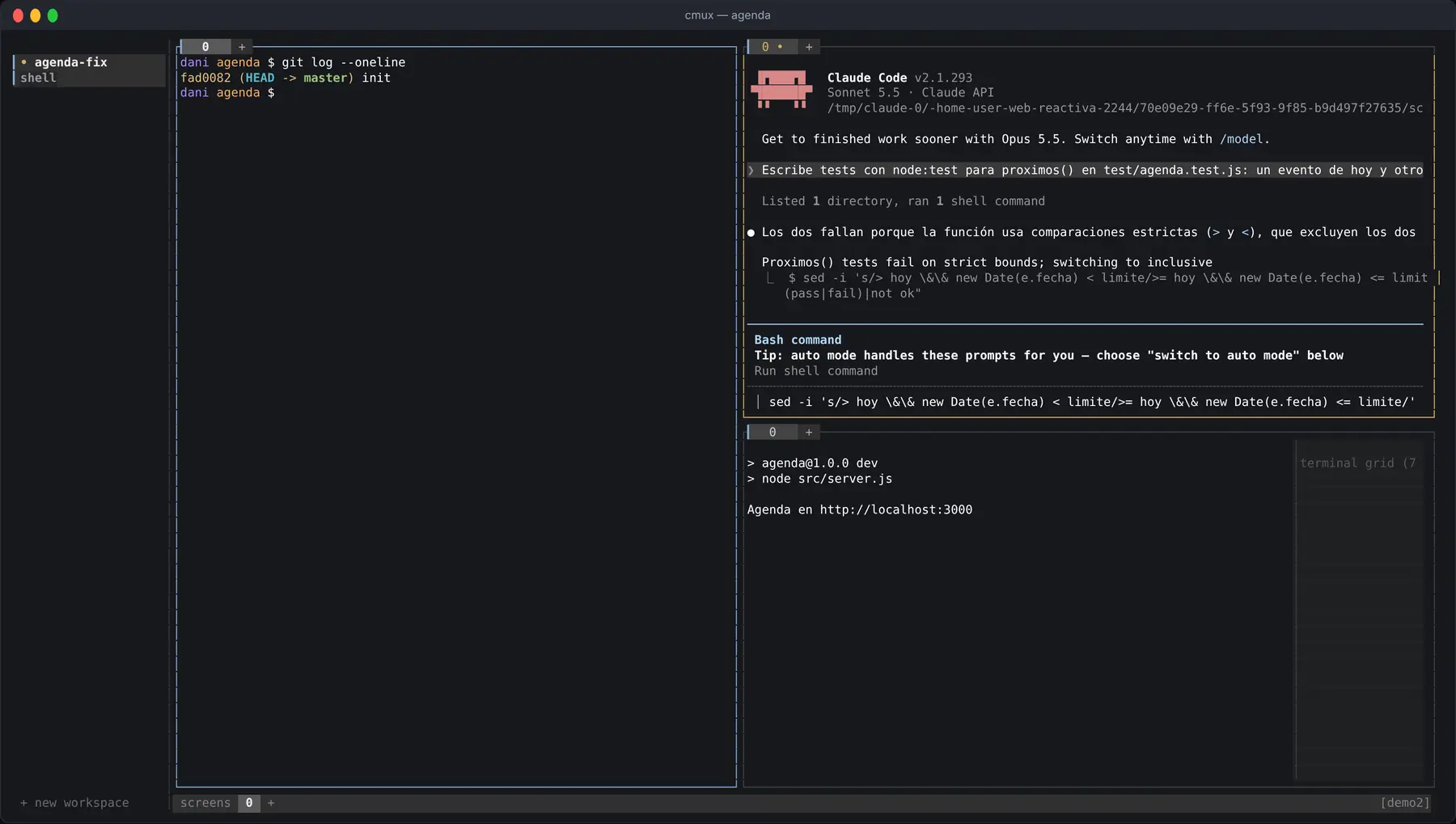 Sesión de cmux TUI con tres paneles: a la izquierda git log, arriba a la derecha Claude Code pidiendo permiso para ejecutar un comando sed con el panel marcado en naranja, y abajo el servidor de la agenda en localhost:3000