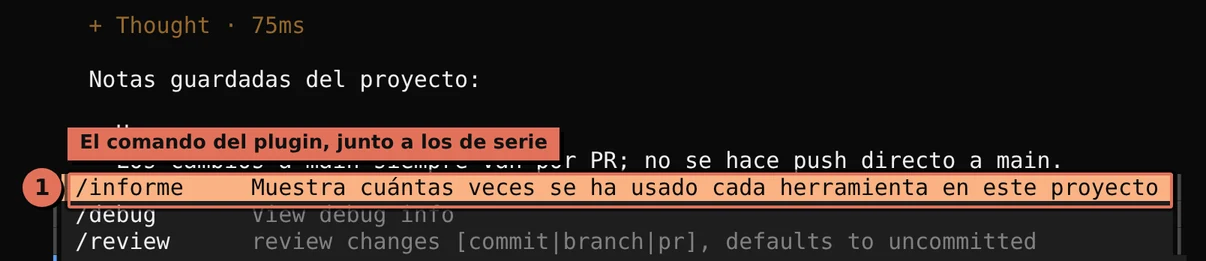Autocompletado de comandos en OpenCode 2 al escribir /inf: aparece /informe con la descripción muestra cuántas veces se ha usado cada herramienta en este proyecto, junto a /debug y /review