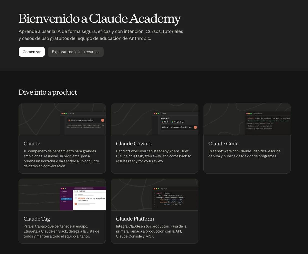 Portada de Claude Academy en español con los accesos por producto: Claude, Claude Cowork, Claude Code, Claude Tag y Claude Platform