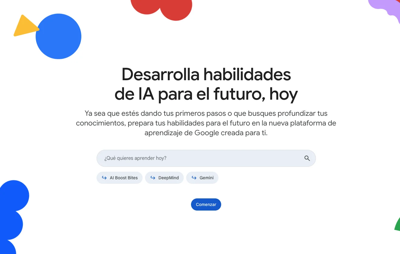 Portada de Google Skills en español: «Desarrolla habilidades de IA para el futuro, hoy», con buscador y accesos a AI Boost Bites, DeepMind y Gemini