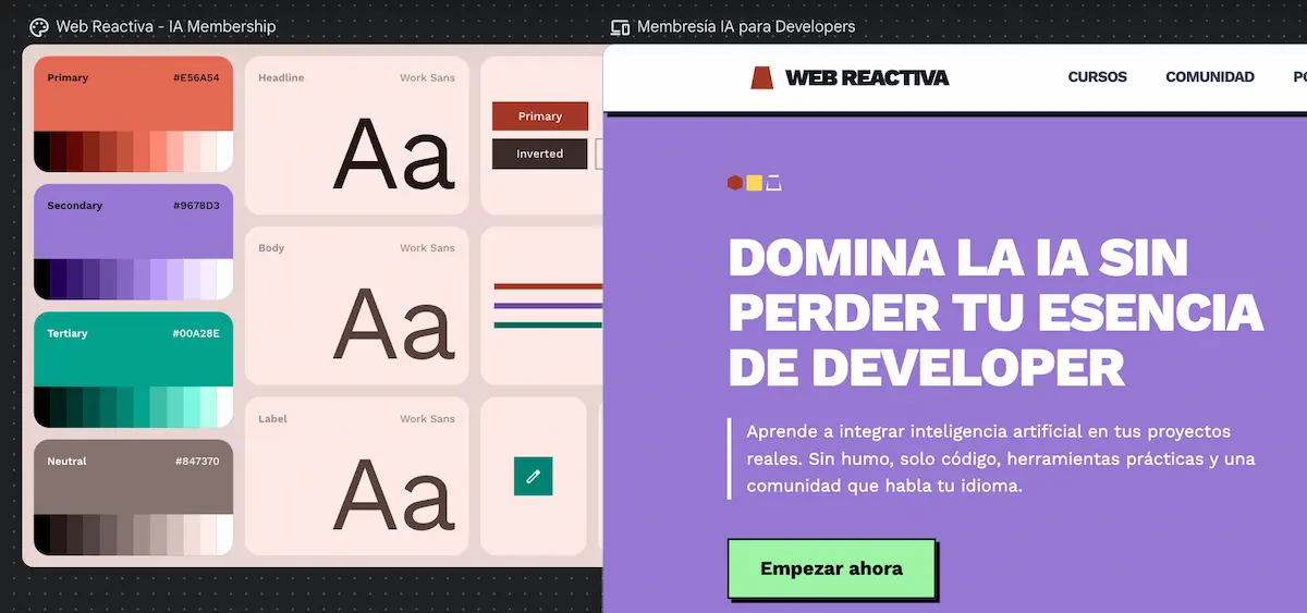 Canvas de Stitch dividido en dos: a la izquierda el panel "Web Reactiva — IA Membership" con tokens de color Primary #E56A54, Secondary #9678D3, Tertiary #00A28E y Neutral #847370, más muestras tipográficas Work Sans para headline, body y label; a la derecha el primer render del hero sobre fondo lila con titular "DOMINA LA IA SIN PERDER TU ESENCIA DE DEVELOPER".