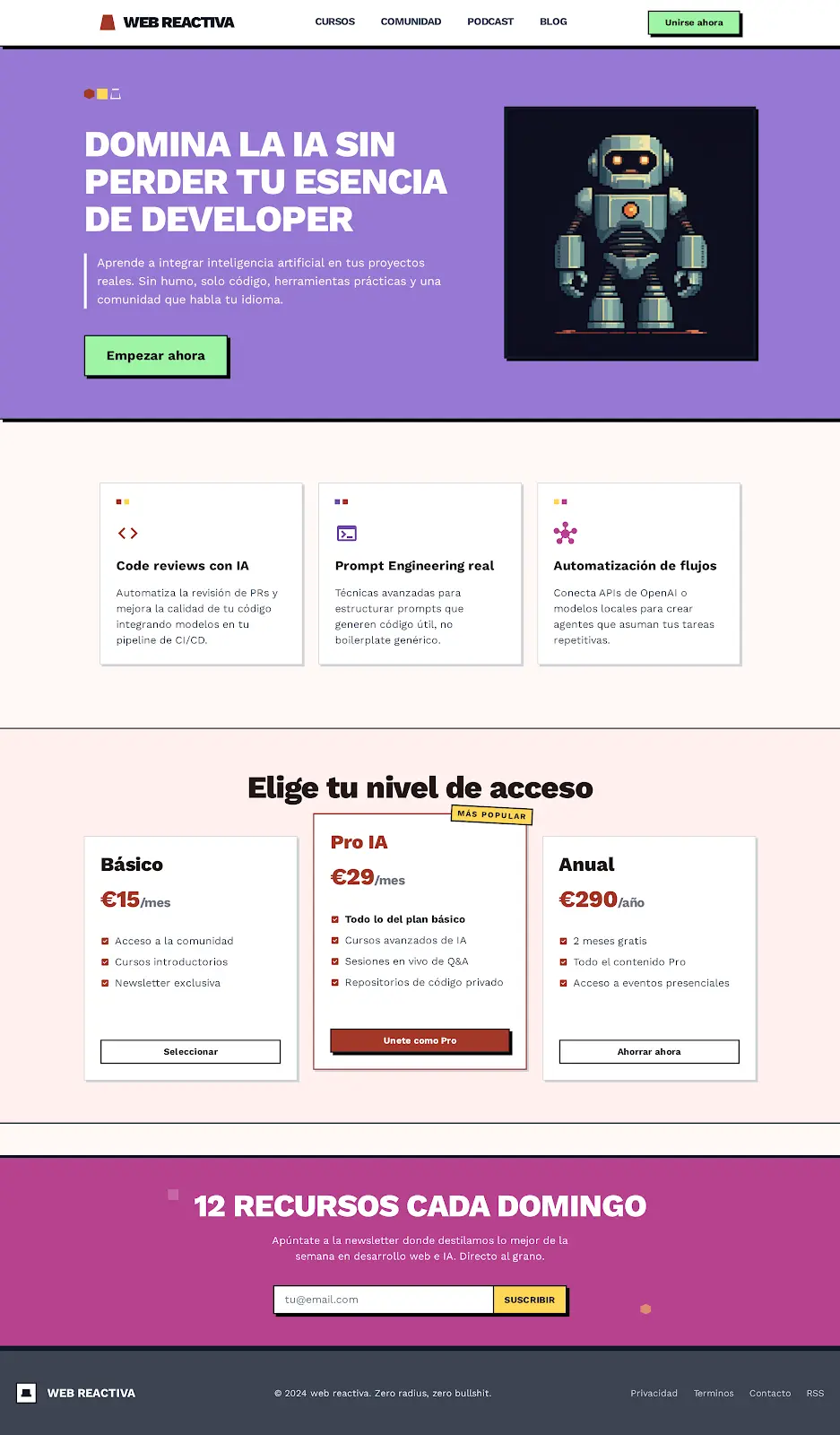 Landing completa generada por Stitch para Web Reactiva IA Membership. Arriba, cabecera con logo y menú y CTA verde "Unirse ahora". Hero lila con titular "DOMINA LA IA SIN PERDER TU ESENCIA DE DEVELOPER", subtítulo y botón verde "Empezar ahora", acompañado de un robot-mascota pixel-art. Debajo, tres tarjetas blancas con esquinas afiladas: "Code reviews con IA", "Prompt Engineering real" y "Automatización de flujos". Sección de pricing con tres planes (Básico 15€/mes, Pro IA 29€/mes destacado con etiqueta "MÁS POPULAR", Anual 290€/año). Footer mulberry con banner "12 RECURSOS CADA DOMINGO" y formulario de suscripción.