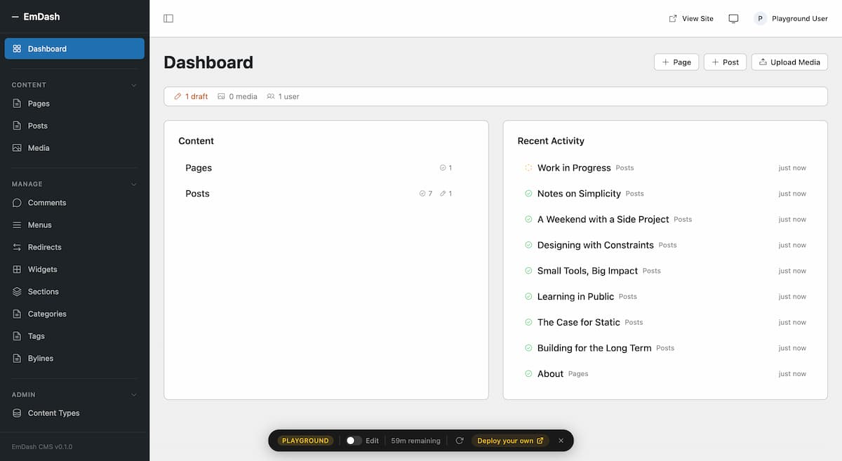 Dashboard de EmDash