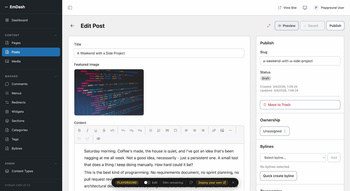 Editor de posts en EmDash