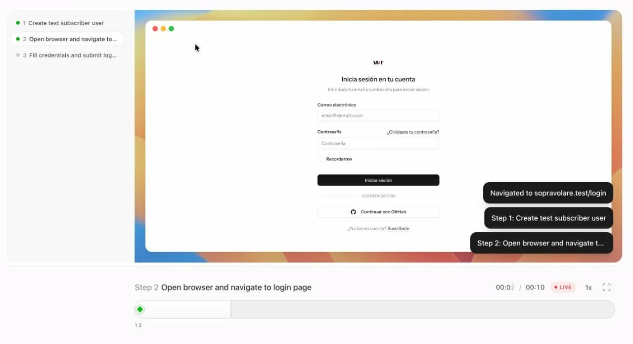 Vista web de Expect con el replay en vivo: a la izquierda los pasos del plan, en el centro la reproducción del navegador con el formulario de login y a la derecha las acciones del agente