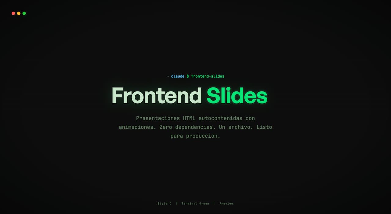 Previsualización de estilo generada por frontend-slides con diseño oscuro y animaciones