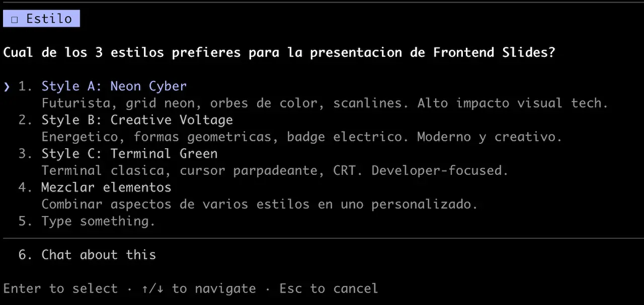 Claude Code mostrando las opciones de configuración de frontend-slides en el terminal