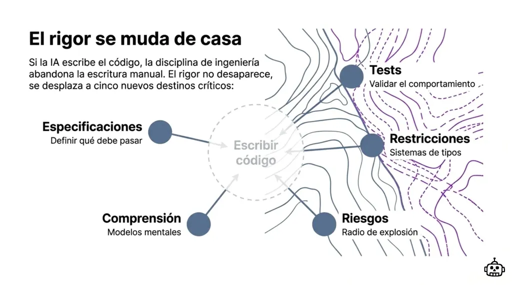 Diagrama mostrando cómo el rigor de ingeniería se desplaza de escribir código hacia cinco destinos: especificaciones, tests, restricciones, riesgos y comprensión