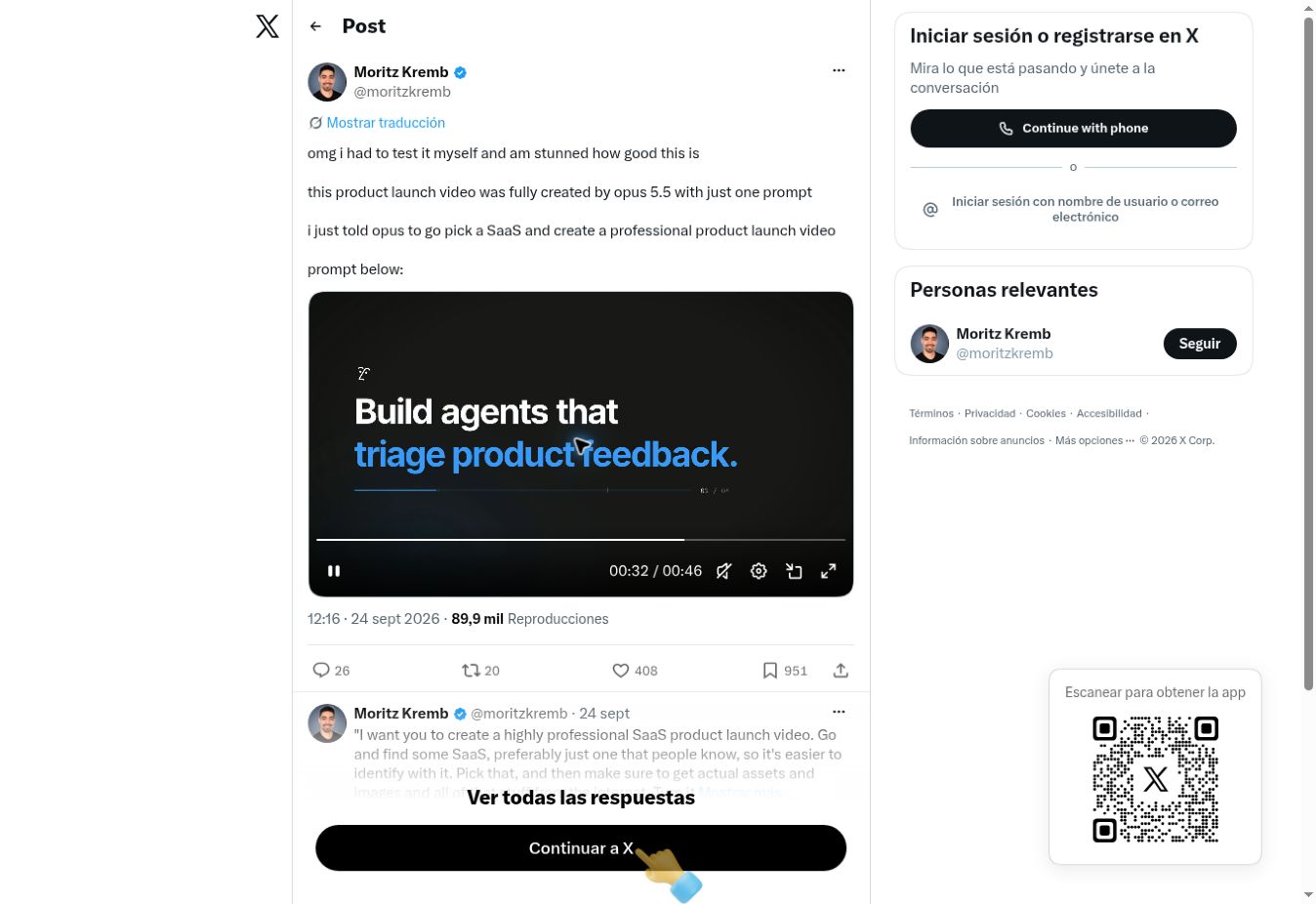 Fotograma del anuncio de SaaS creado con Opus 5.5 por Moritz Kremb, con el texto Build agents that triage product feedback