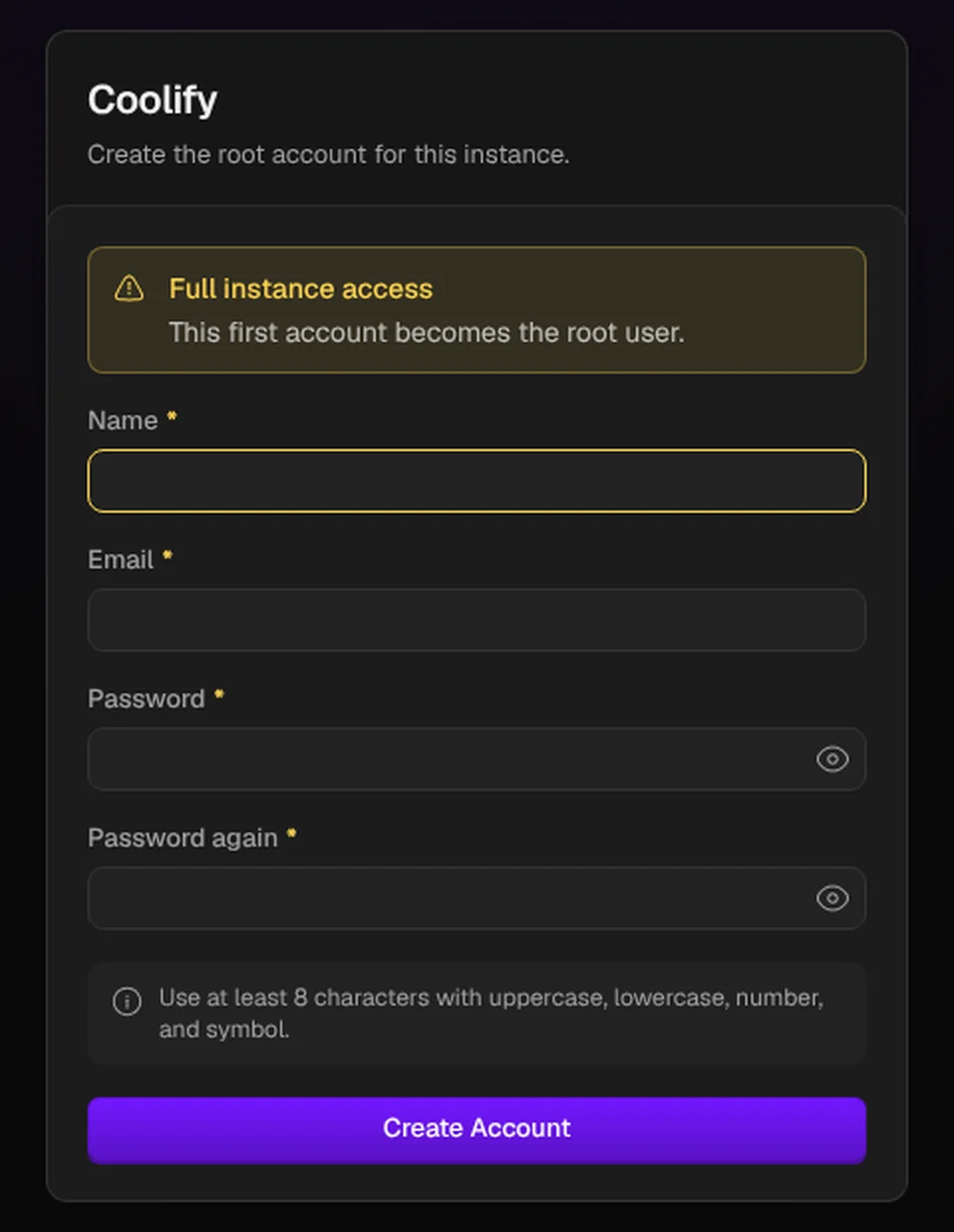 Formulario de registro de Coolify con el aviso Full instance access: la primera cuenta se convierte en el usuario root
