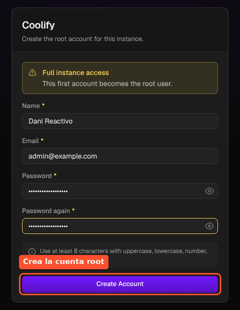 Formulario de registro de Coolify relleno, con el botón Create Account señalado