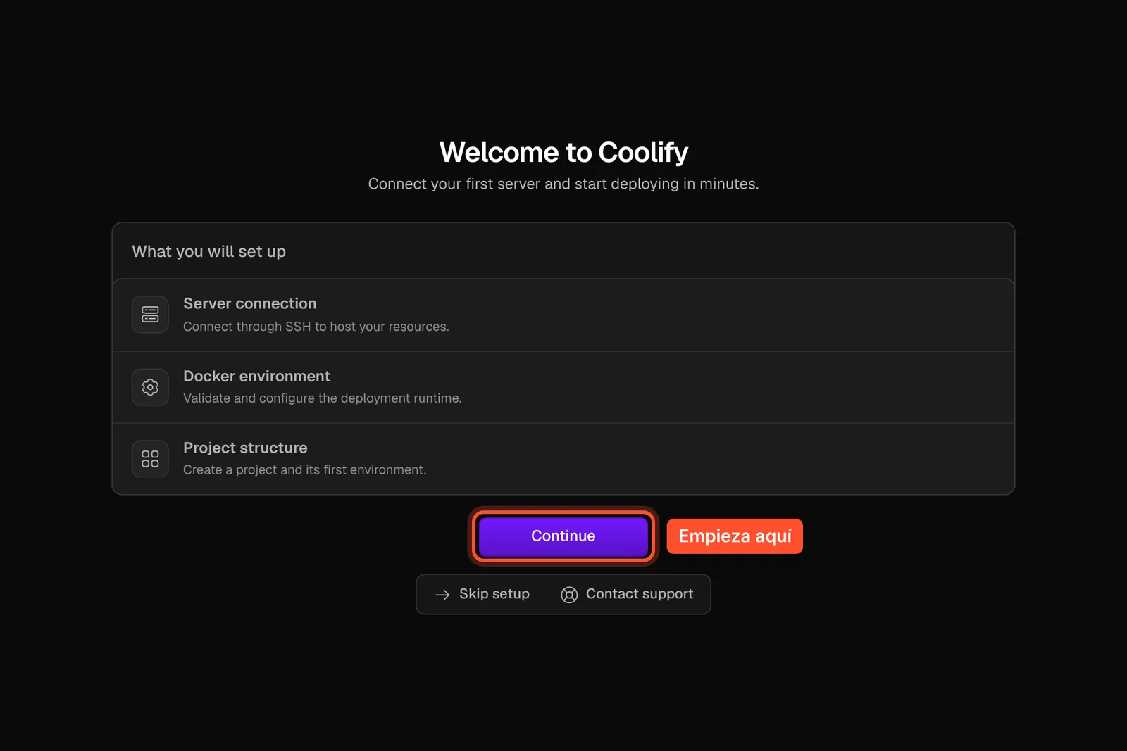 Pantalla de bienvenida de Coolify con los tres pasos: Server connection, Docker environment y Project structure