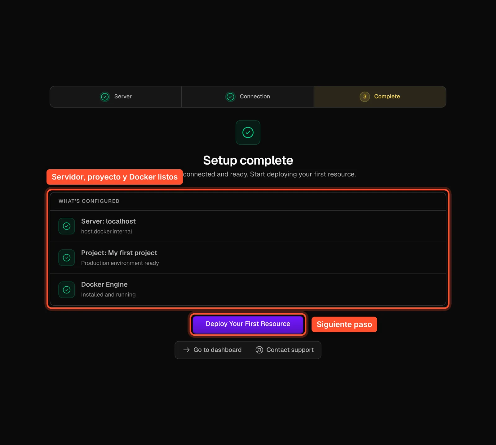 Pantalla Setup complete de Coolify con servidor localhost, proyecto My first project y Docker Engine configurados, y el botón Deploy Your First Resource
