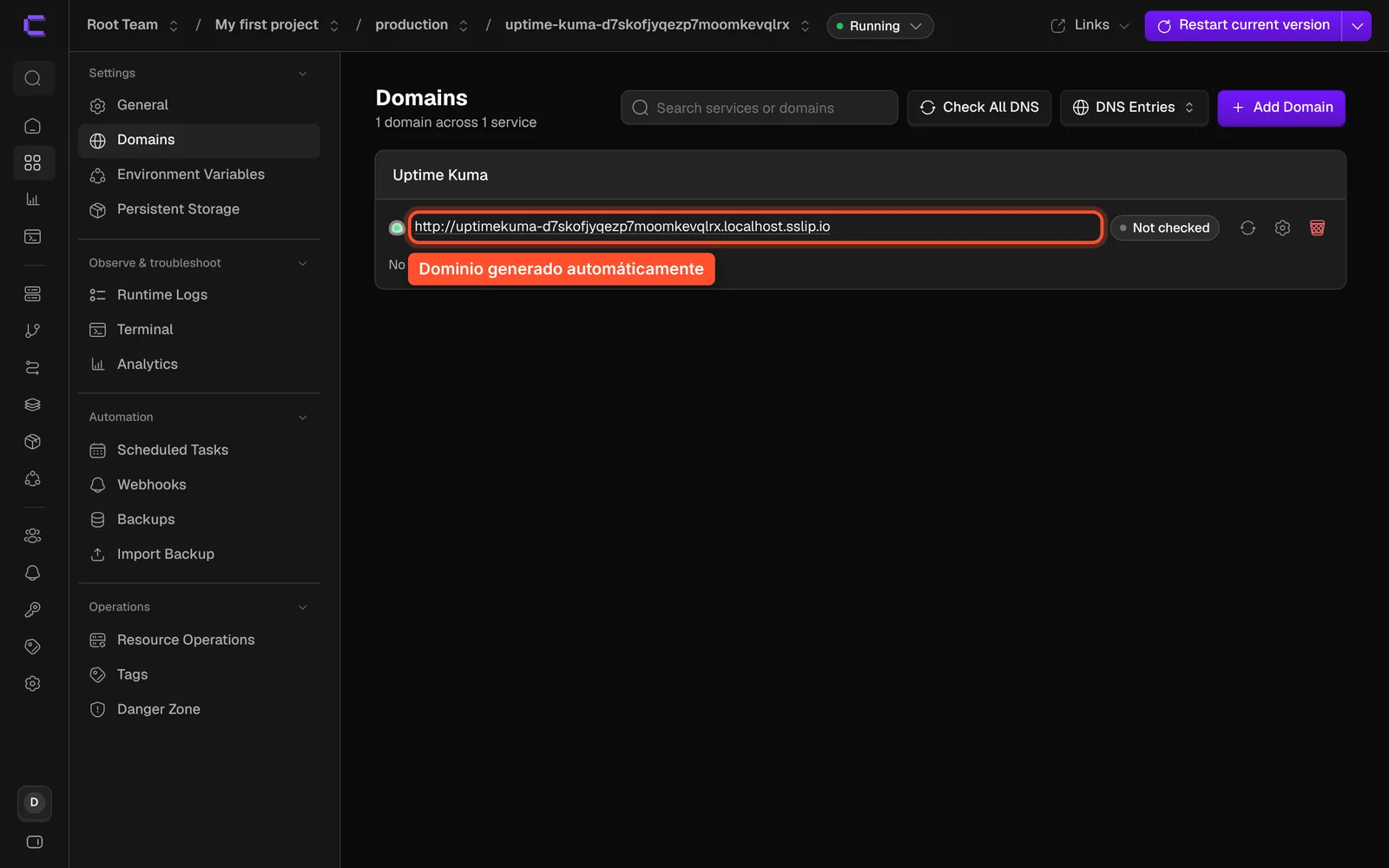 Pestaña Domains del servicio Uptime Kuma con el dominio generado automáticamente en sslip.io señalado
