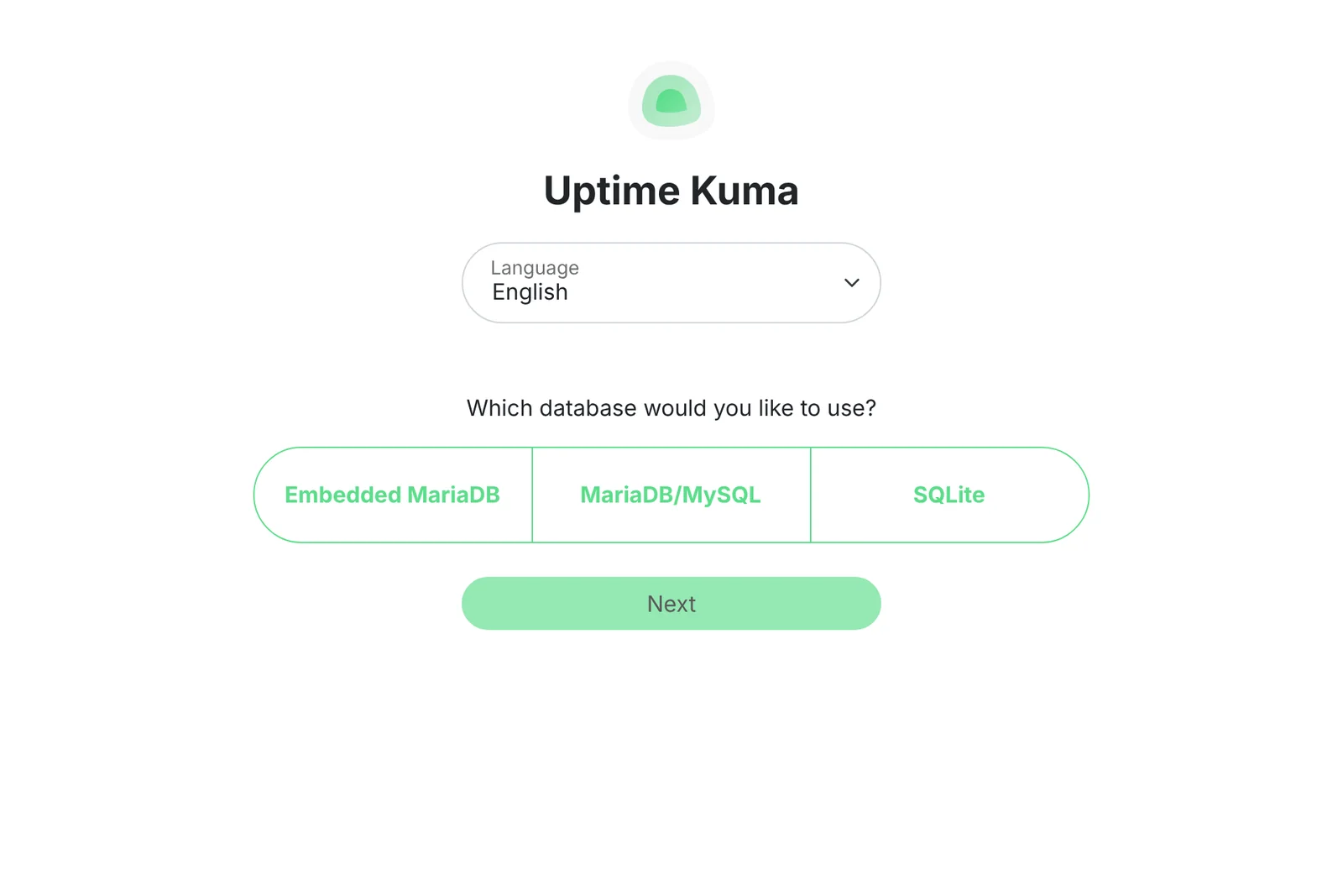 Asistente inicial de Uptime Kuma pidiendo elegir base de datos: Embedded MariaDB, MariaDB/MySQL o SQLite