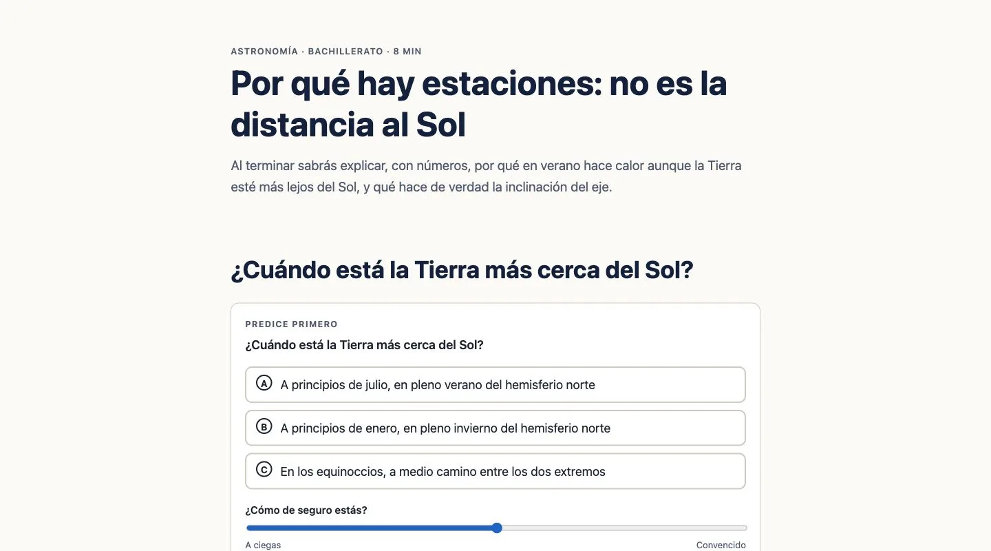 Portada de la lección final de las estaciones: el título «Por qué hay estaciones: no es la distancia al Sol», una entradilla y un check «Predice primero» con tres opciones y un deslizador de confianza.