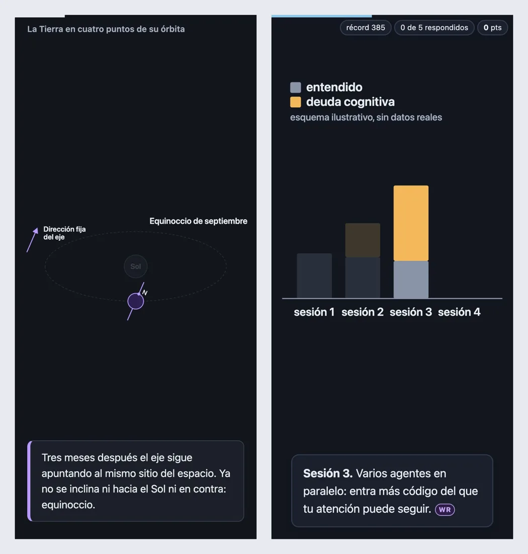 Dos capturas de móvil lado a lado. A la izquierda, una story antigua con el dibujo de la órbita encogido en una franja en mitad de la pantalla. A la derecha, una story corregida de la deuda cognitiva con las barras ocupando el alto de la pantalla y el texto de la escena debajo.
