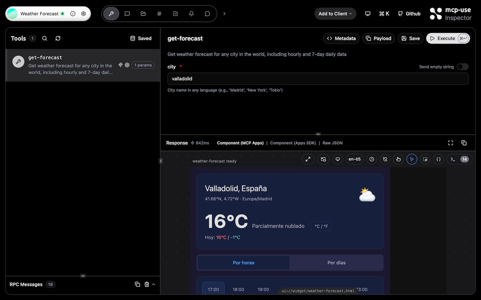 El inspector de mcp-use mostrando el widget meteorológico con datos reales de Valladolid