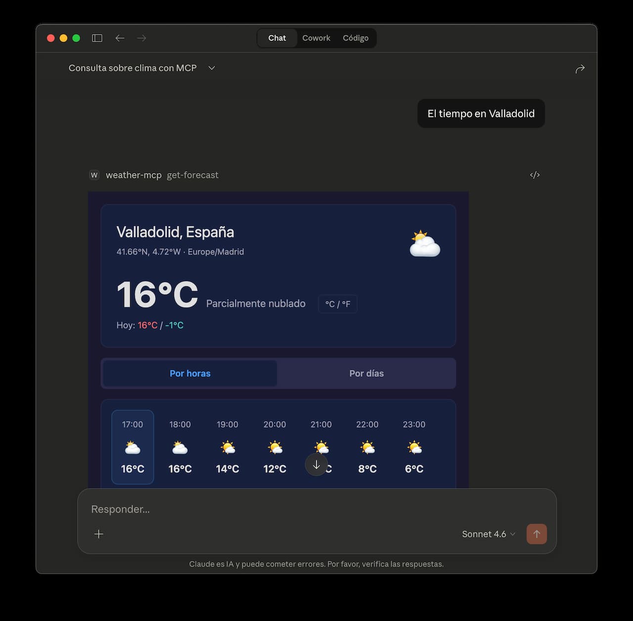 El widget meteorológico funcionando dentro de Claude Desktop con datos reales de Valladolid