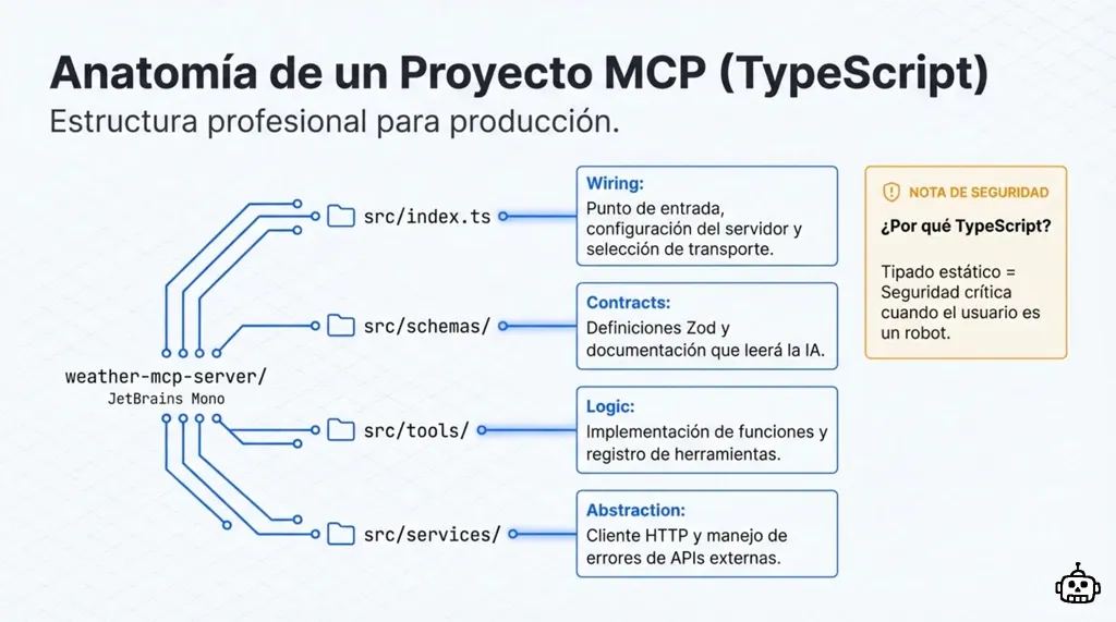 Estructura de carpetas de un proyecto MCP en TypeScript: index.ts, schemas, tools y services con sus responsabilidades