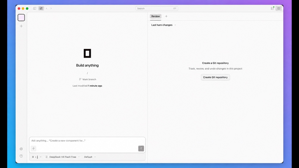 Vista general de OpenCode Desktop con sus tres paneles: proyectos y sesiones a la izquierda, el área central con el cuadro de prompt y el selector de modelo, y el panel derecho de Git y revisión.
