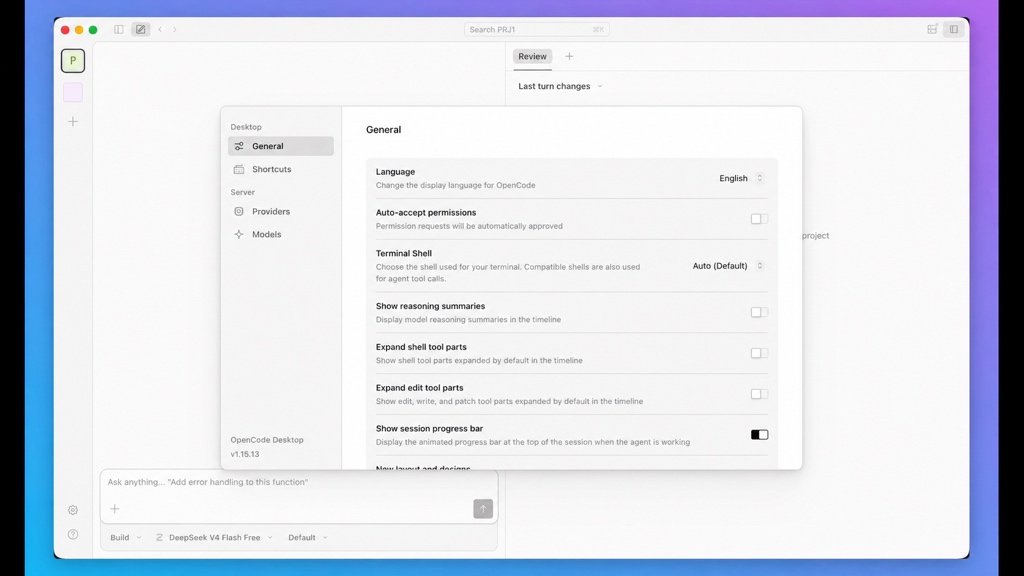 Pantalla de ajustes generales: idioma, auto-aceptar permisos, terminal shell, mostrar resúmenes de razonamiento y barra de progreso de sesión, con la navegación de Shortcuts, Providers y Models.