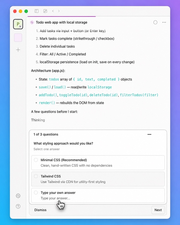 Modo plan en acción: el agente propone la arquitectura de la app y lanza el panel de preguntas de aclaración, mostrando "1 de 3 questions" sobre el enfoque de estilos CSS.