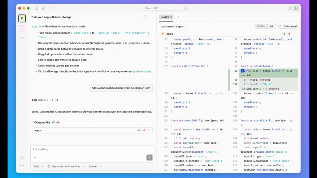 Panel de code review con el diff en vista dividida: se resaltan las líneas añadidas de un diálogo de confirmación junto al resumen del cambio en el chat.