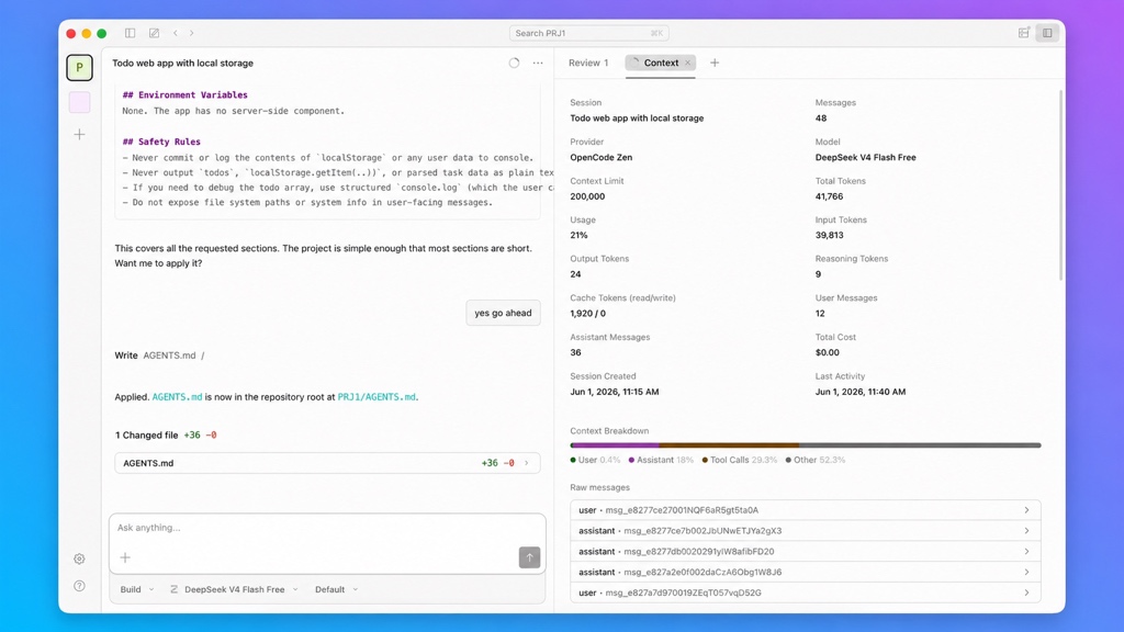Generación del archivo AGENTS.md y panel de contexto con el detalle de uso: límite de 200.000 tokens, 21% consumido, desglose de tokens y coste total de cero dólares.