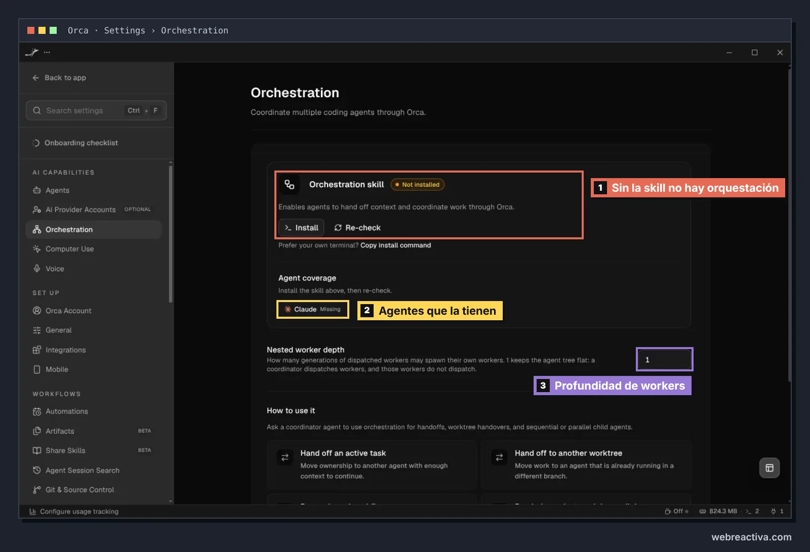 Página Orchestration de los ajustes de Orca, dentro de AI Capabilities: el bloque Orchestration skill, Not installed, con los botones Install y Re-check, marcado con la nota sin la skill no hay orquestación; Agent coverage con Claude como Missing, marcado como los agentes que la tienen; y el campo Nested worker depth con valor 1, marcado como profundidad de workers. Debajo, ejemplos de uso como Hand off an active task y Hand off to another worktree.
