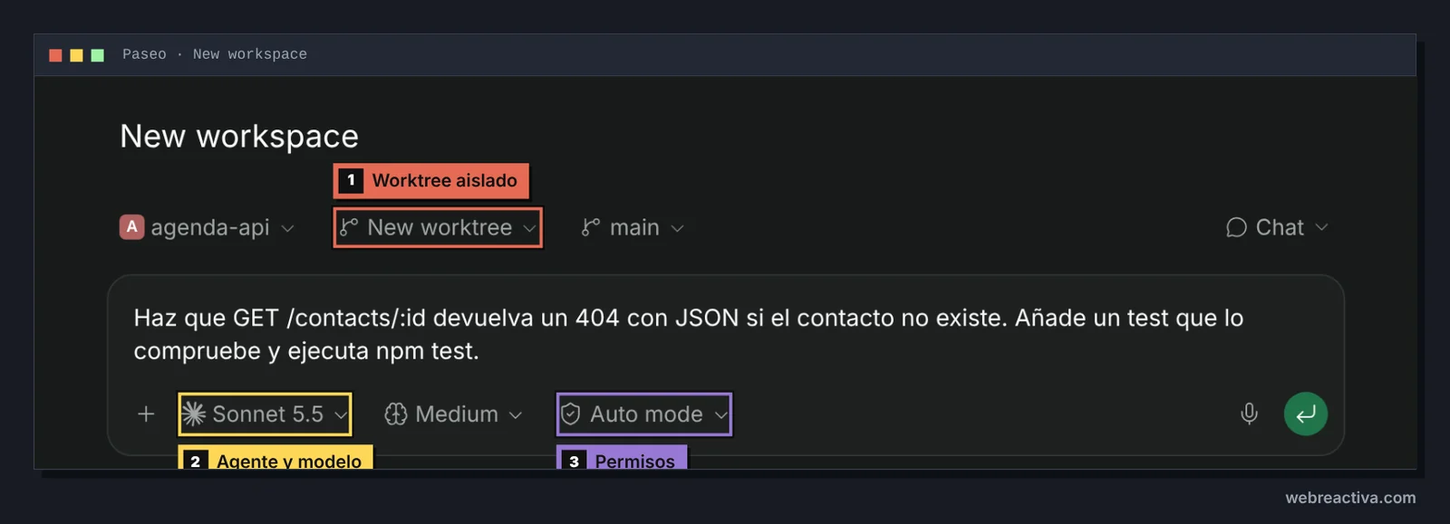 Formulario New workspace de Paseo con el proyecto agenda-api, el aislamiento New worktree desde la rama main marcado como worktree aislado, la tarea escrita en el cuadro de mensaje y, debajo, el selector con Sonnet 5.5 marcado como agente y modelo, el esfuerzo Medium y Auto mode marcado como permisos.