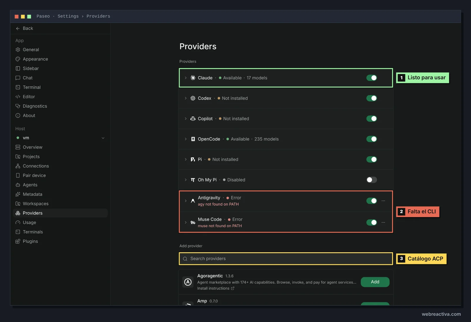 Ajustes de proveedores de Paseo: Claude aparece como Available con 17 modelos, marcado como listo para usar; Codex, Copilot y Pi como Not installed; OpenCode como Available con 235 modelos; Oh My Pi desactivado; Antigravity y Muse Code en Error porque agy y muse no están en el PATH, marcados como falta el CLI; y debajo el buscador Add provider marcado como catálogo ACP, con Agoragentic y Amp como primeras entradas.