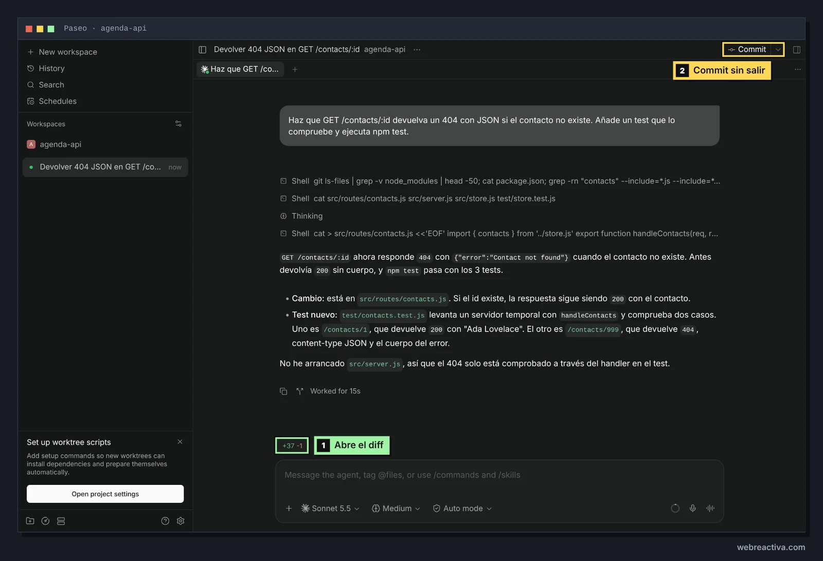 Respuesta del agente en Paseo: explica que GET /contacts/:id ahora responde 404 con un JSON de error cuando el contacto no existe, que antes devolvía 200 sin cuerpo y que npm test pasa con los 3 tests; detalla el cambio en src/routes/contacts.js y el test nuevo en test/contacts.test.js, y avisa de que no arrancó el servidor real. Abajo, el contador +37 −1 marcado como acceso al diff; arriba a la derecha, el botón Commit marcado para hacer commit sin salir. En la esquina inferior izquierda, un aviso para configurar scripts de worktree.