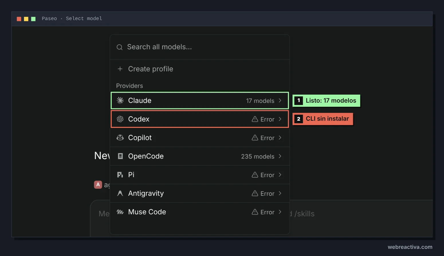 Desplegable de selección de modelo en Paseo con la lista de proveedores: Claude con 17 modelos, marcado como listo; Codex con un aviso de error, marcado como CLI sin instalar; y Copilot, OpenCode con 235 modelos, Pi, Antigravity y Muse Code.