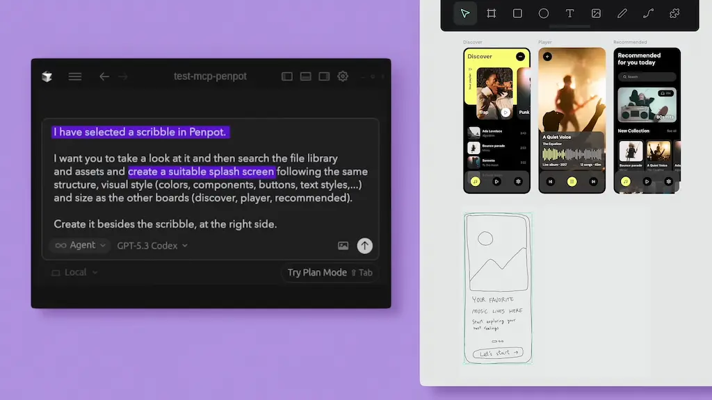 Prompt de agente en Penpot pidiendo crear una splash screen a partir de un boceto seleccionado, junto a los boards de una app de música