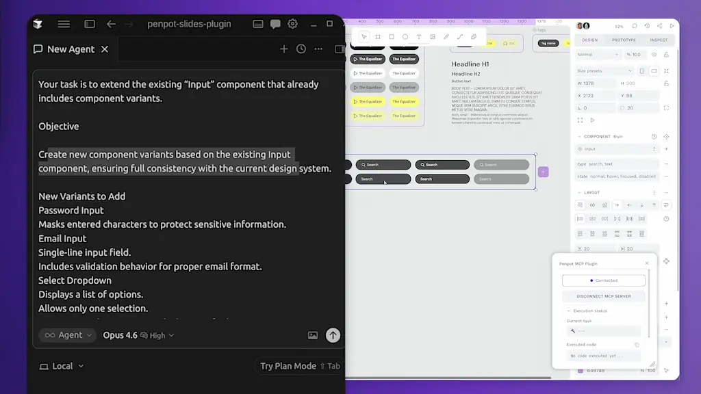 Prompt para extender un componente Input con nuevas variantes (Password, Email, Select) y el panel del plugin Penpot MCP mostrando el estado conectado