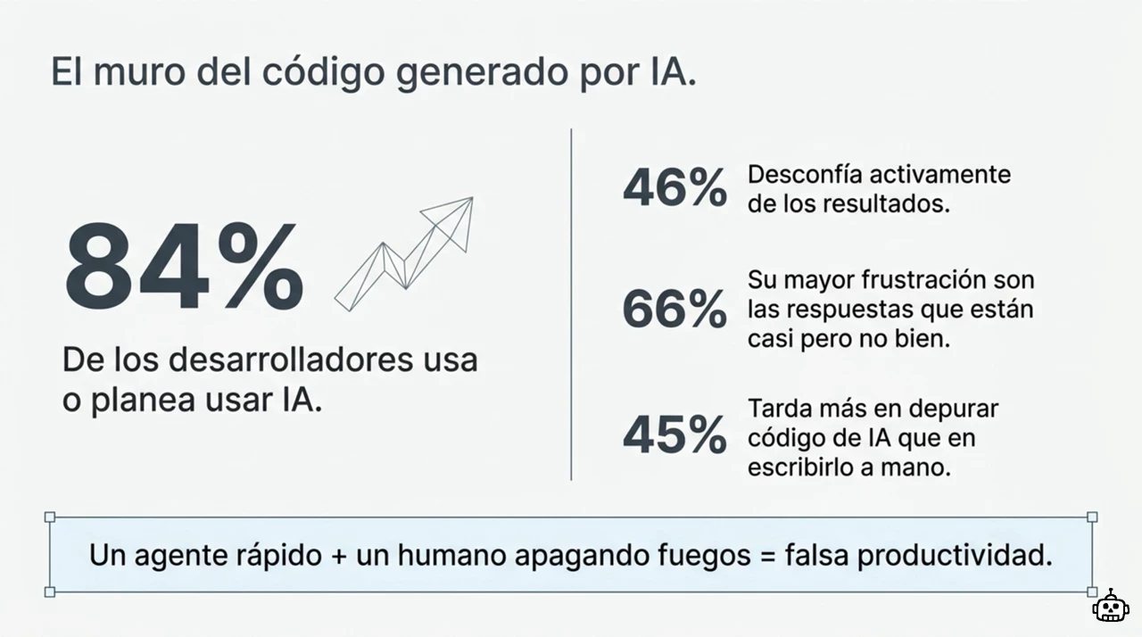 Datos del Stack Overflow Developer Survey 2025 sobre la desconfianza en el código de IA: el 84% lo usa, el 46% desconfía, el 66% se frustra con respuestas casi correctas y el 45% tarda más depurándolo que escribiéndolo a mano