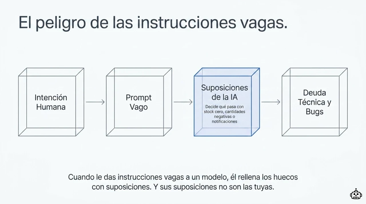 Diagrama del problema de los prompts vagos: la intención humana pasa por un prompt impreciso, la IA rellena los huecos con sus propias suposiciones y el resultado es deuda técnica y bugs