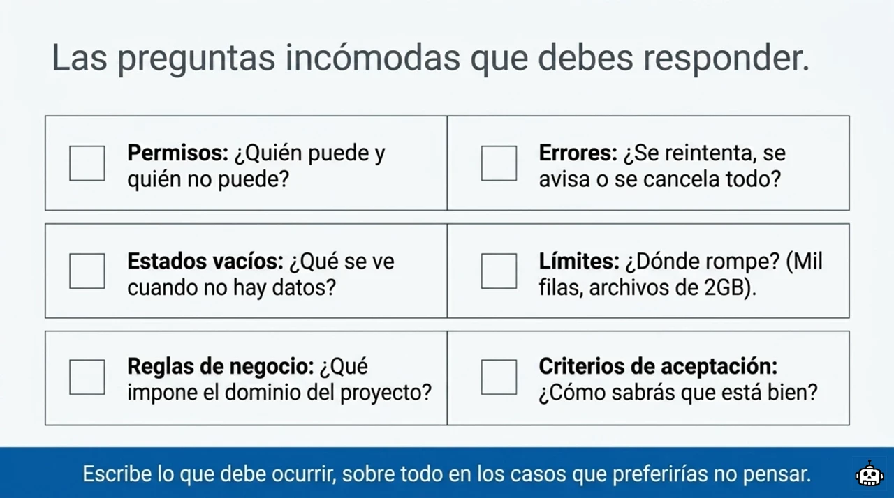 Checklist de las seis preguntas incómodas que debe responder una spec antes de generar código: permisos, errores, estados vacíos, límites, reglas de negocio y criterios de aceptación